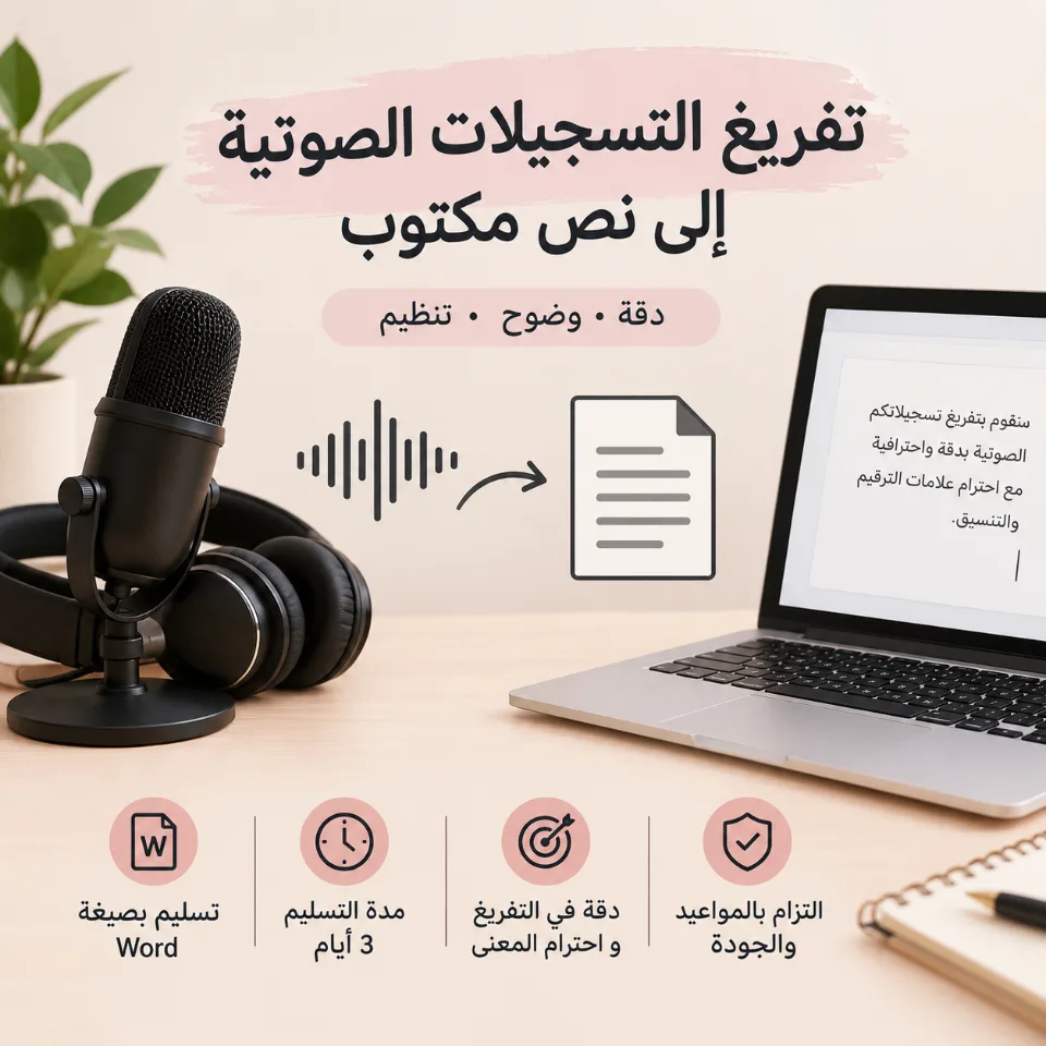 تفريغ الملفات الصوتية باللغة العربية إلى نص واضح ومنظم.