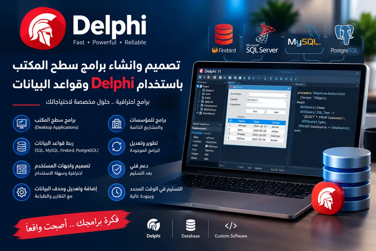 إنشاء وتصميم و تطوبر برمجيات وتطبيقات سطح المكتب باستخدام Delphi وقواعد البيانات
