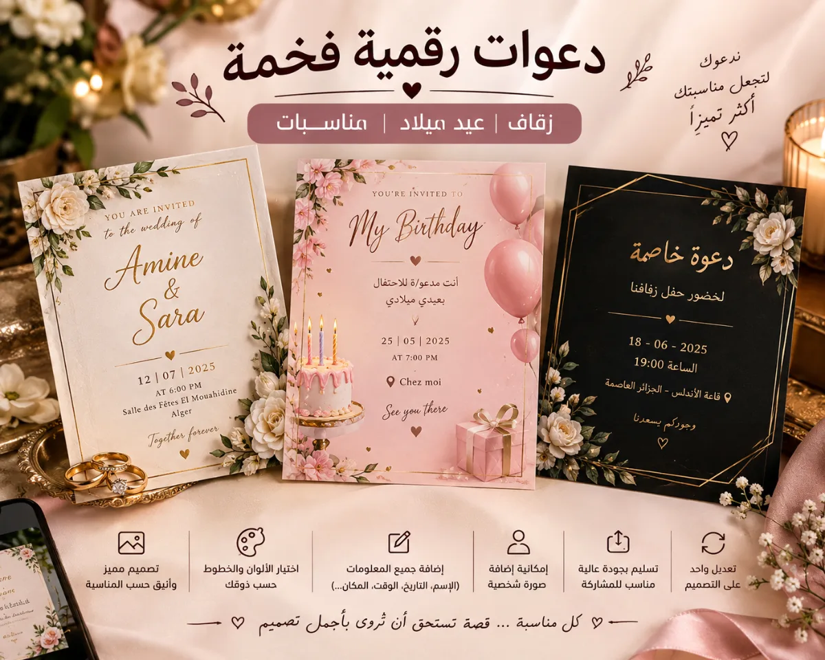 أصمم لك بطاقة دعوة رقمية أنيقة وفخمة تناسب مناسبتك بكل تفاصيلها.