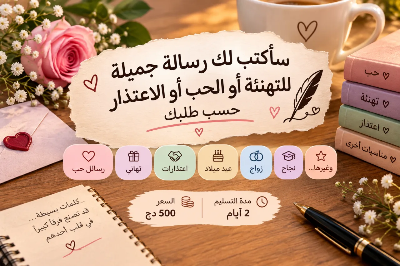 سأكتب لك رسالة جميلة للتهنئة أو الحب أو الإعتذار حسب طلبك
